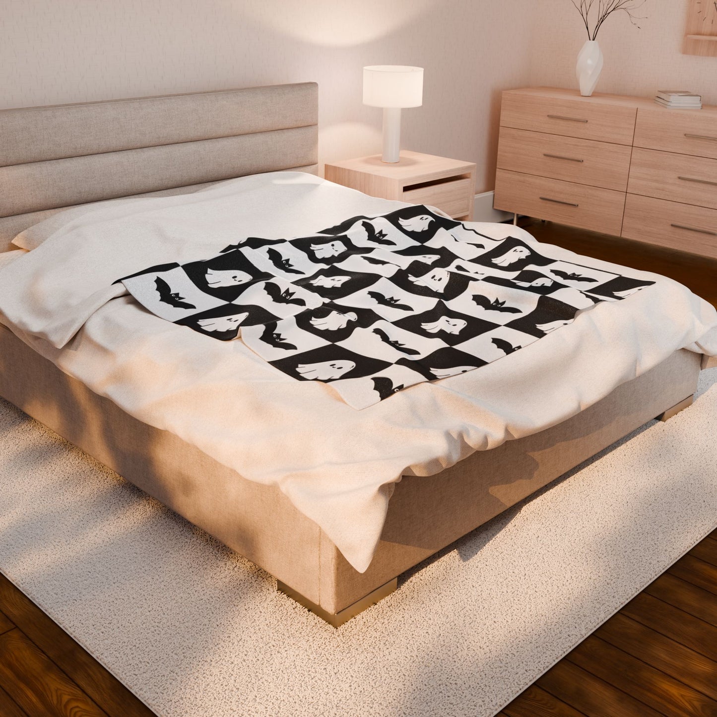 Cute halloween blanket, plush black and white checkered halloween blanket, cute ghost throw, cute bat blanket
