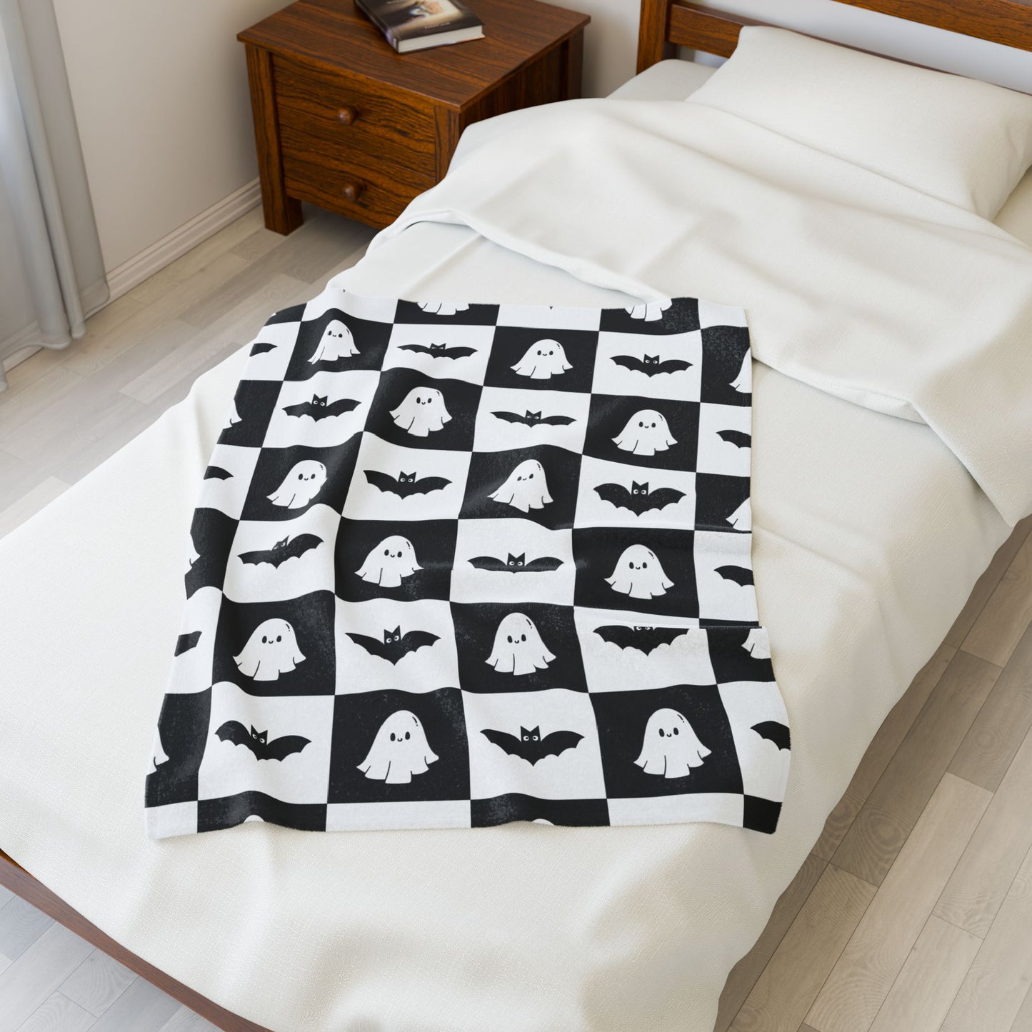 Cute halloween blanket, plush black and white checkered halloween blanket, cute ghost throw, cute bat blanket