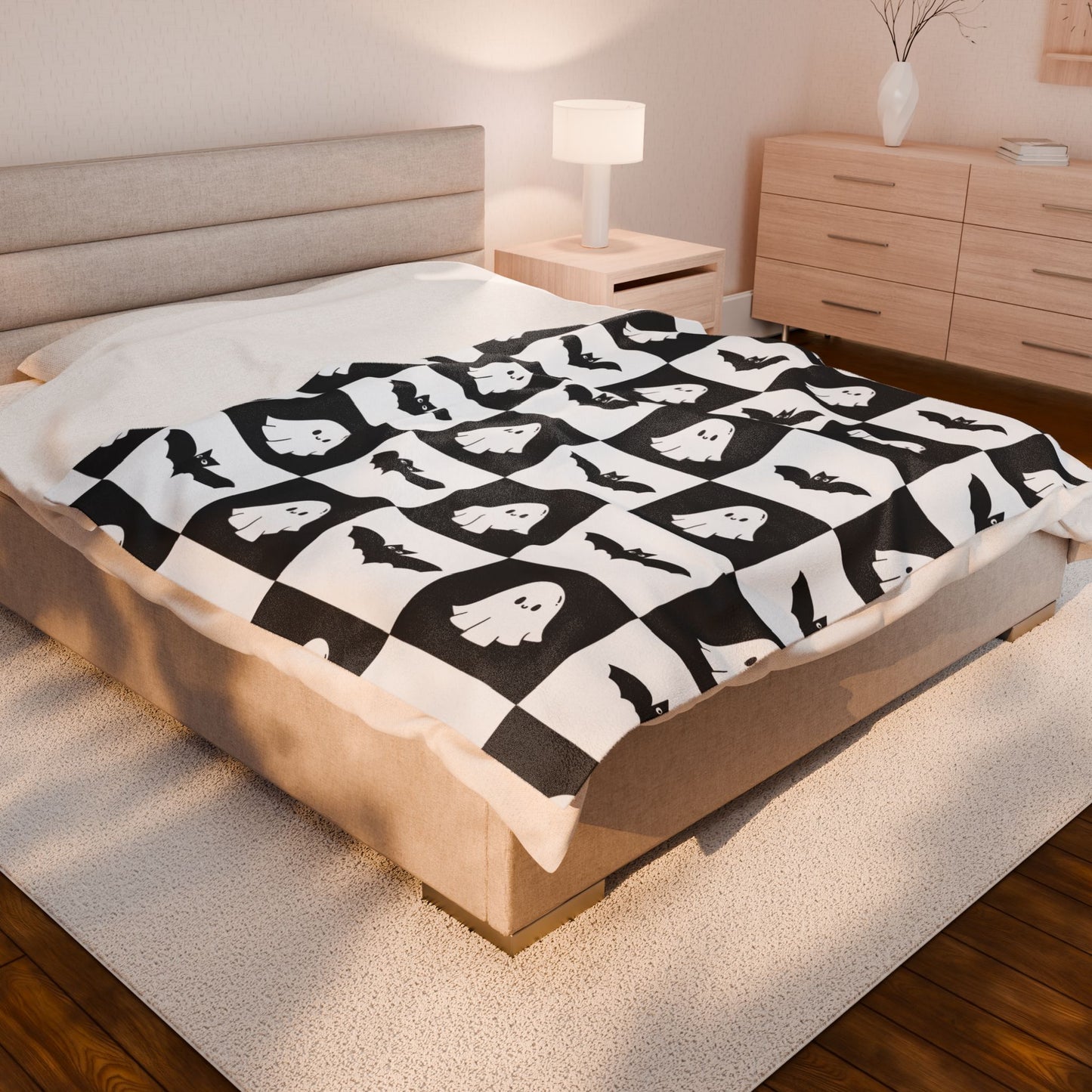 Cute halloween blanket, plush black and white checkered halloween blanket, cute ghost throw, cute bat blanket