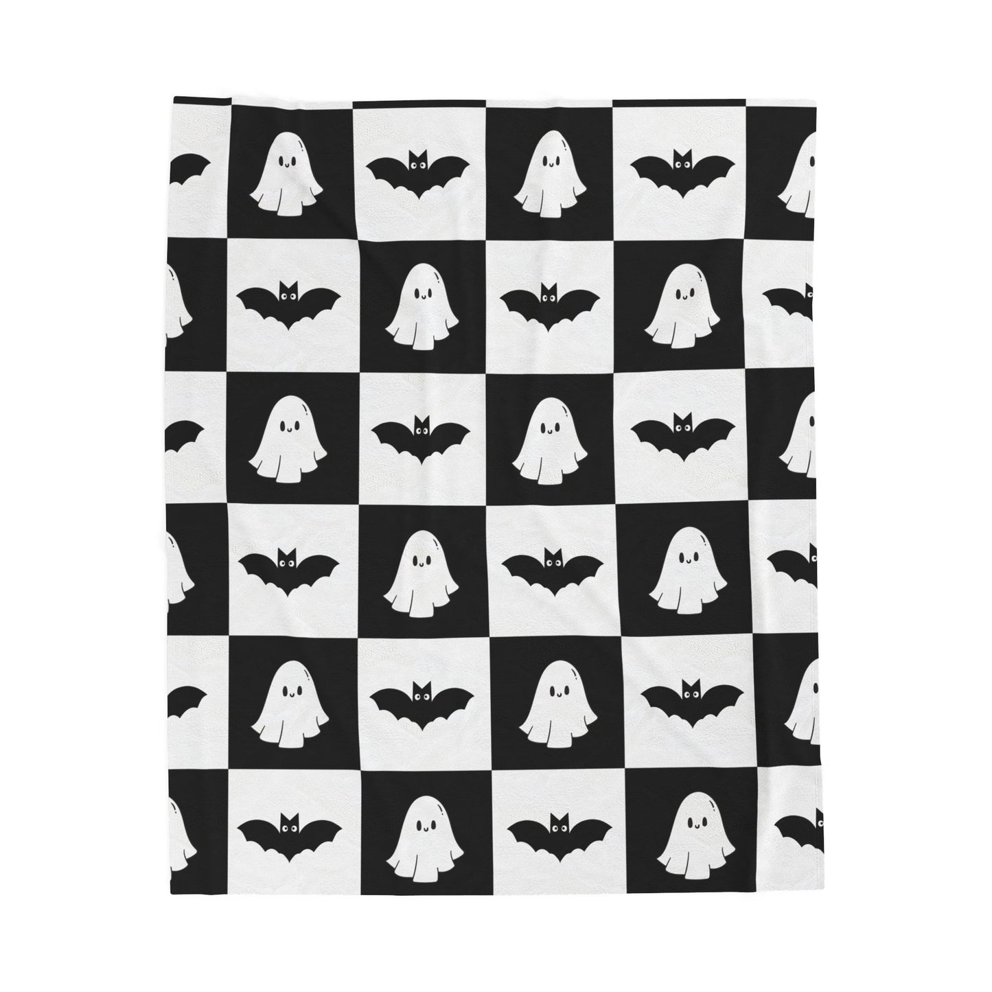 Cute halloween blanket, plush black and white checkered halloween blanket, cute ghost throw, cute bat blanket