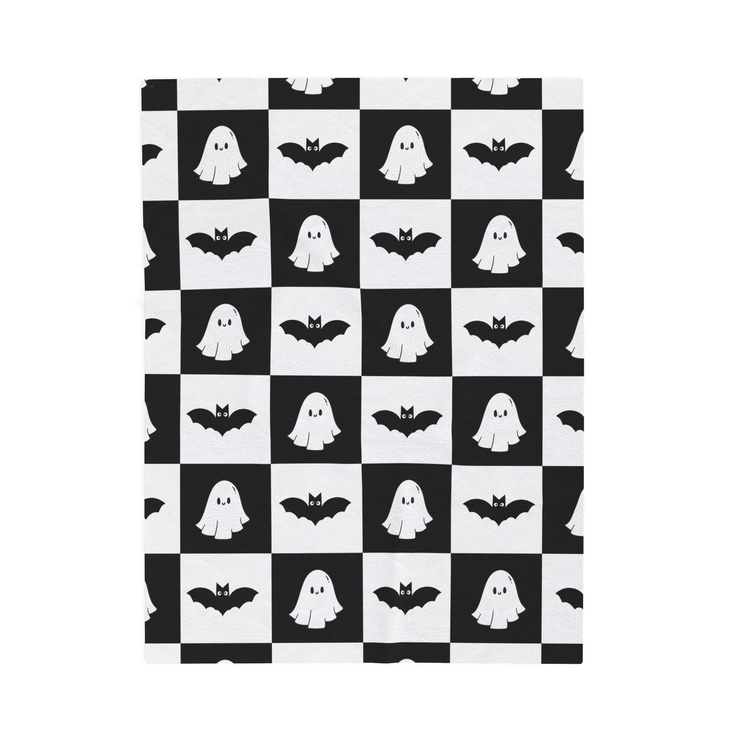 Cute halloween blanket, plush black and white checkered halloween blanket, cute ghost throw, cute bat blanket
