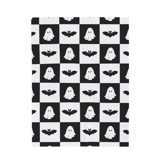 Cute halloween blanket, plush black and white checkered halloween blanket, cute ghost throw, cute bat blanket