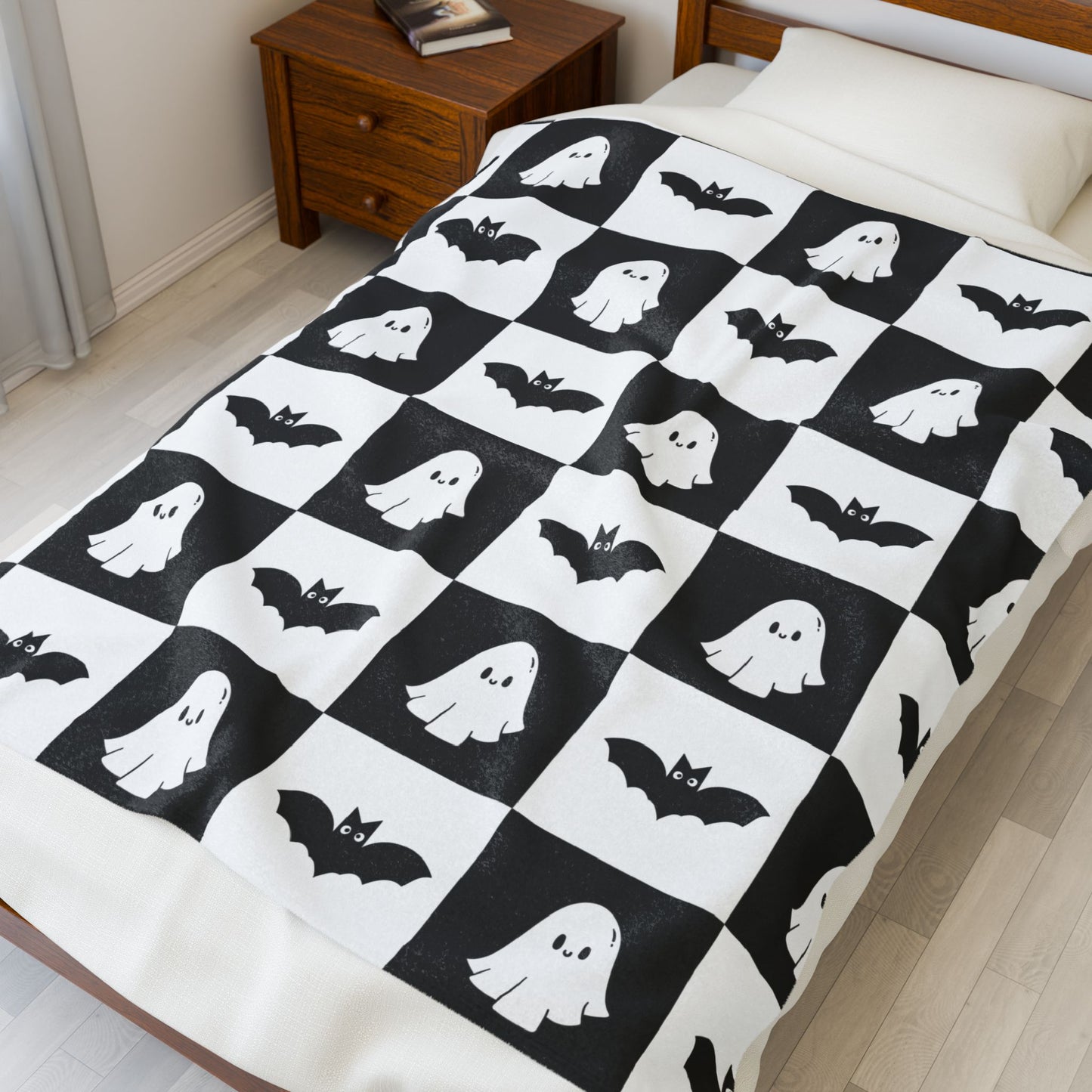 Cute halloween blanket, plush black and white checkered halloween blanket, cute ghost throw, cute bat blanket
