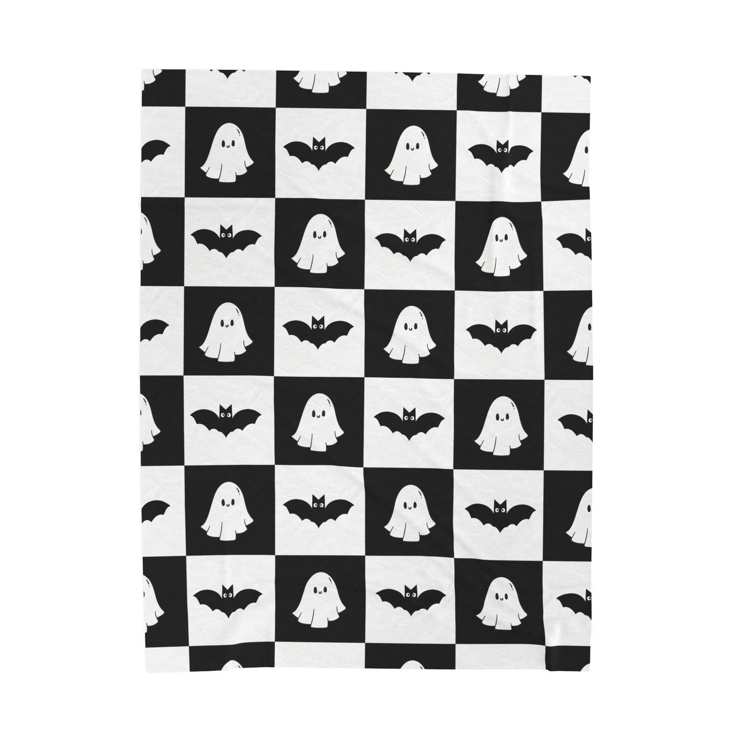Cute halloween blanket, plush black and white checkered halloween blanket, cute ghost throw, cute bat blanket