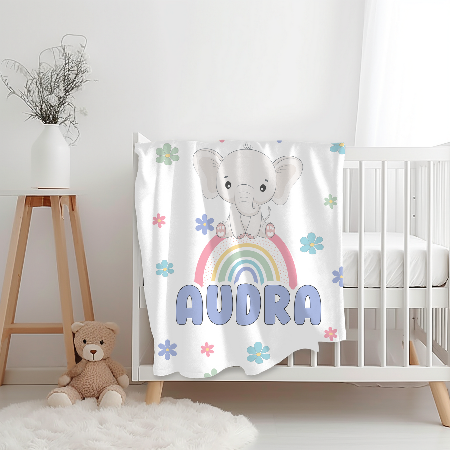 Custom Name Blanket - Girl Elephant Rainbow