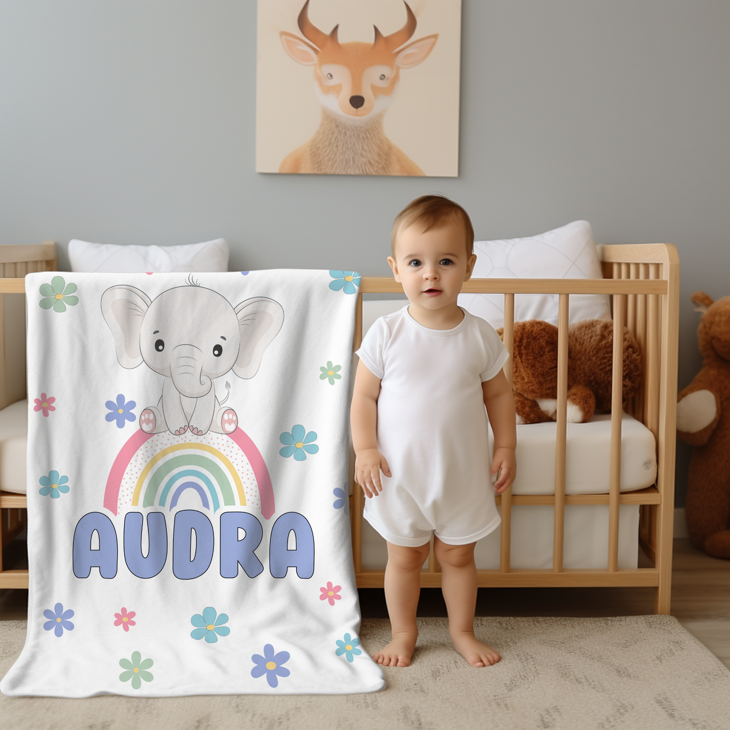 Custom Name Blanket - Girl Elephant Rainbow