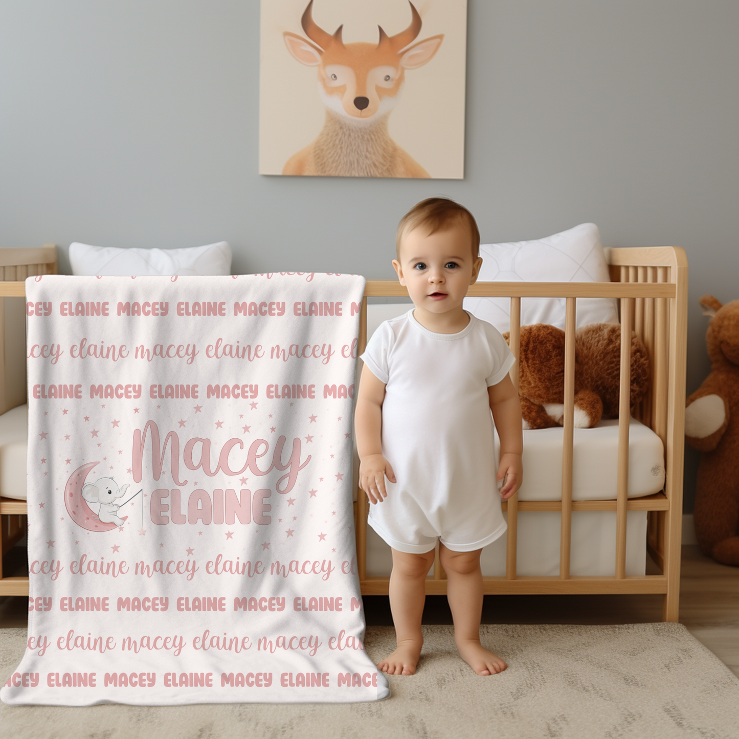 Custom Name Blanket - Girl Elephant Moon