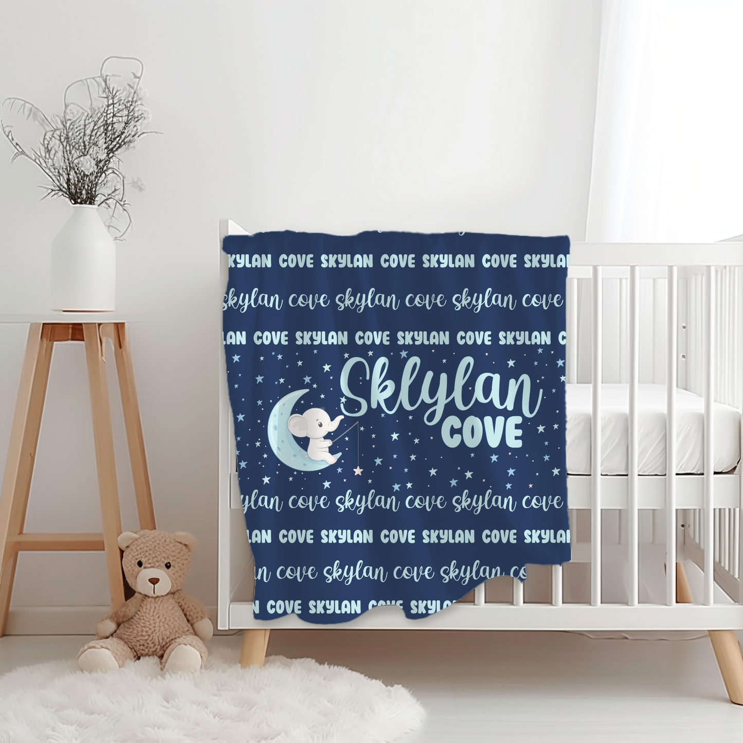 Custom Name Blanket - Boy Elephant Moon