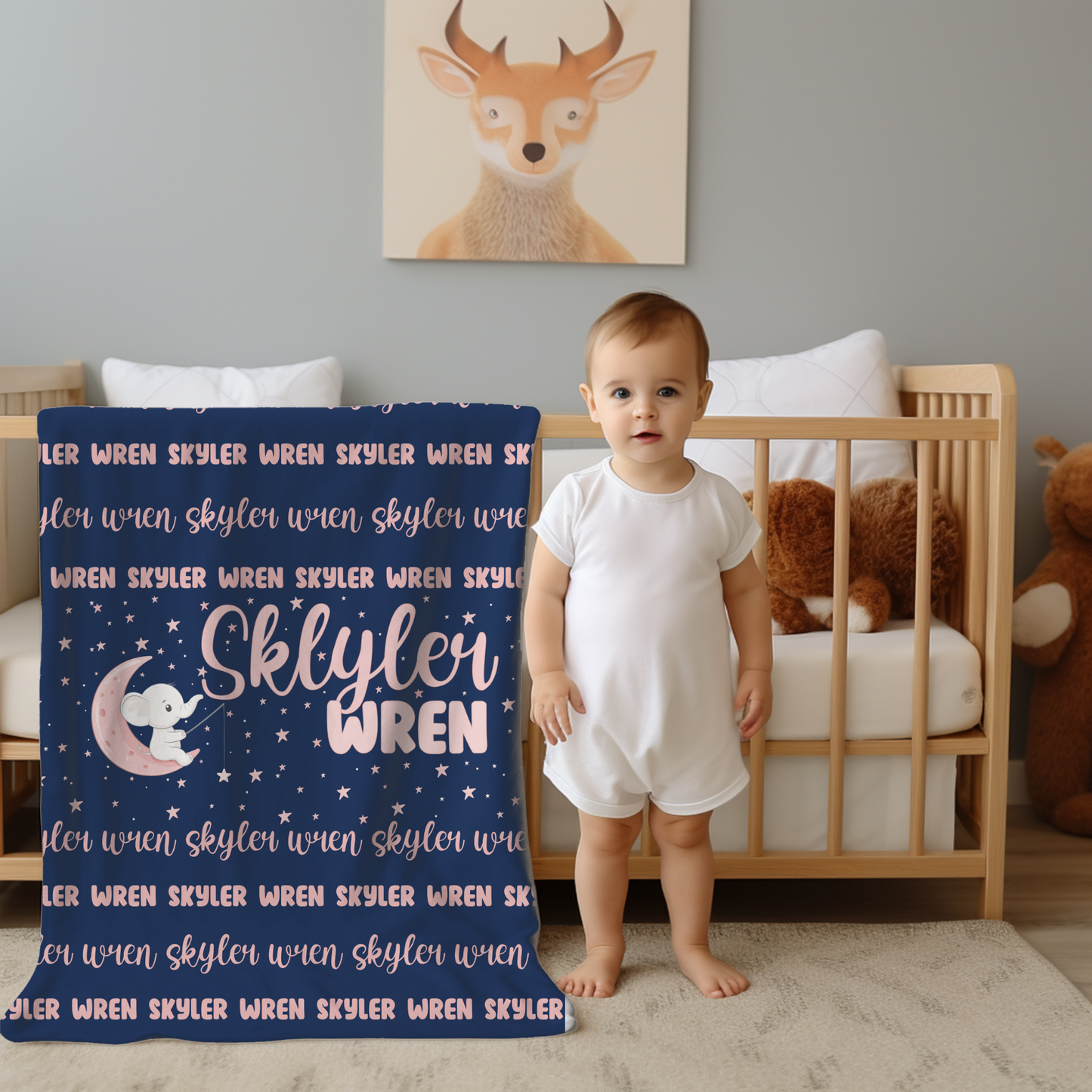 Custom Name Blanket - Navy Pink Elephant Moon