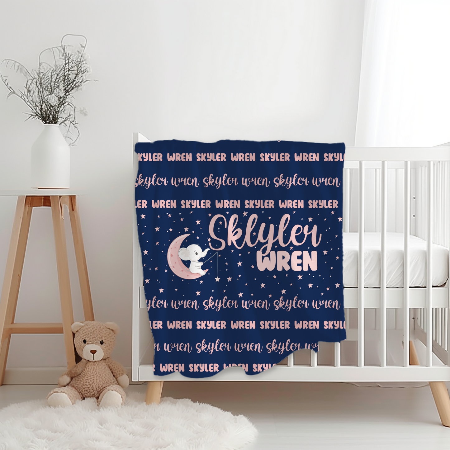 Custom Name Blanket - Navy Pink Elephant Moon