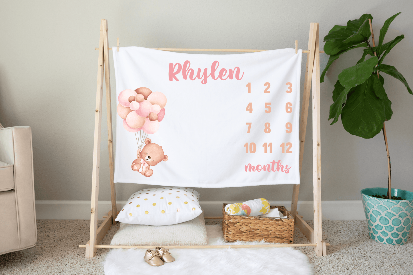 Baby Girl Balloon Milestone Blanket - Custom Name - BentleyBlueCo
