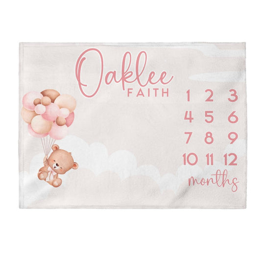 Baby Girl Bear Milestone Blanket - Custom Name - BentleyBlueCo
