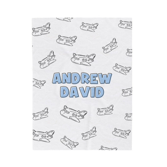 Custom Name Baby Blanket - Doodle Airplane - BentleyBlueCo