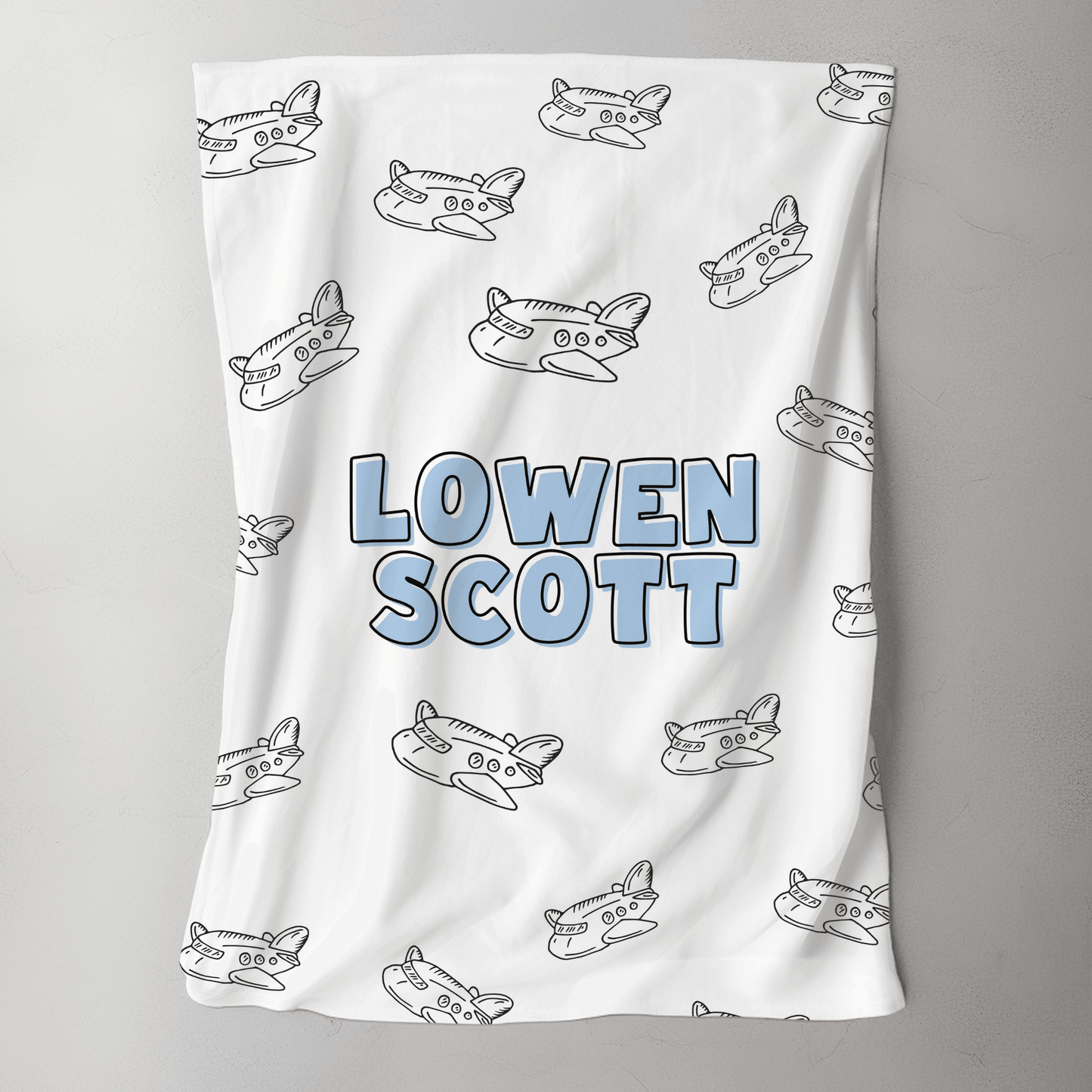 Custom Name Baby Blanket - Doodle Airplane - BentleyBlueCo