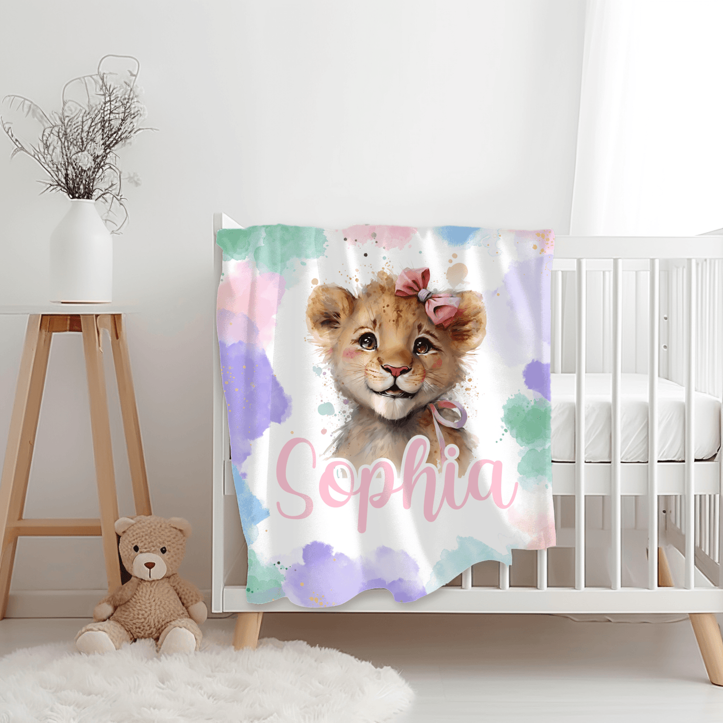 Custom Name Baby Blanket - Girl Lion - BentleyBlueCo