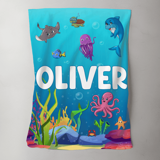 Custom Name Baby Blanket - Ocean Theme - BentleyBlueCo
