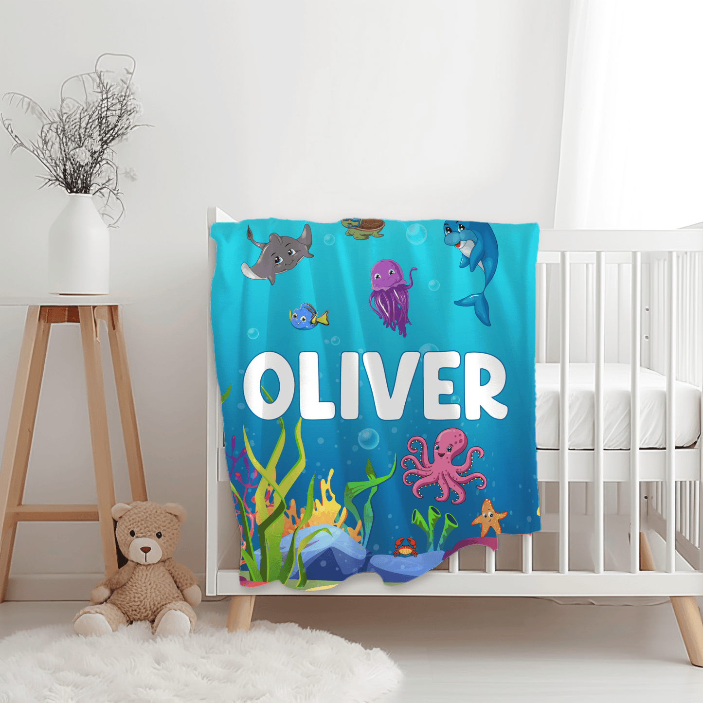 Custom Name Baby Blanket - Ocean Theme - BentleyBlueCo