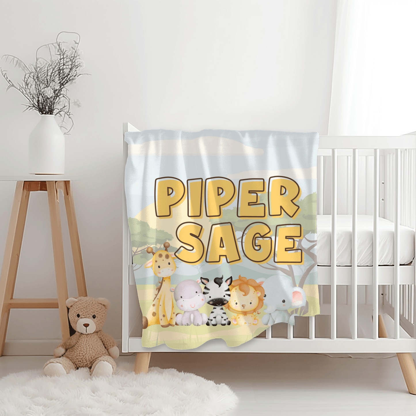Custom Name Baby Blanket - Safari Theme - BentleyBlueCo