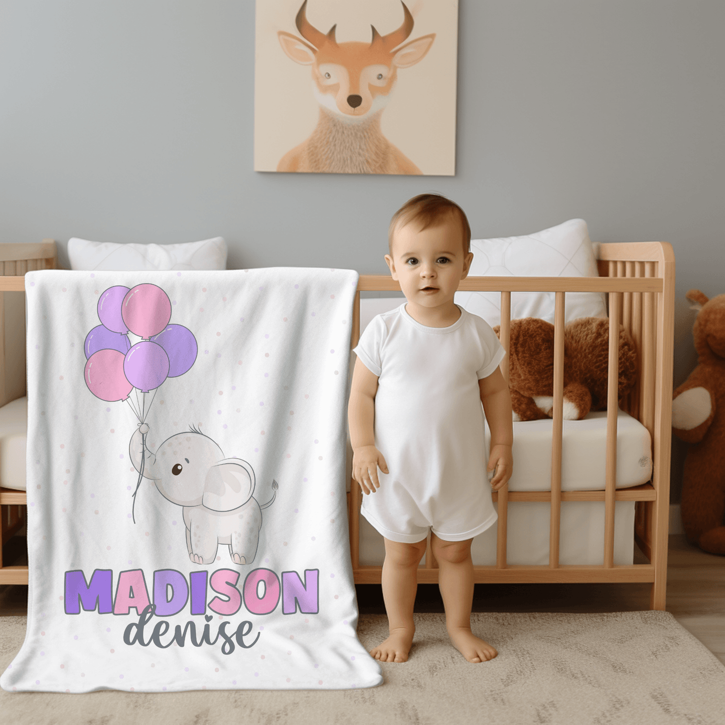 Custom Name Blanket - Baby Elephant Balloons - BentleyBlueCo