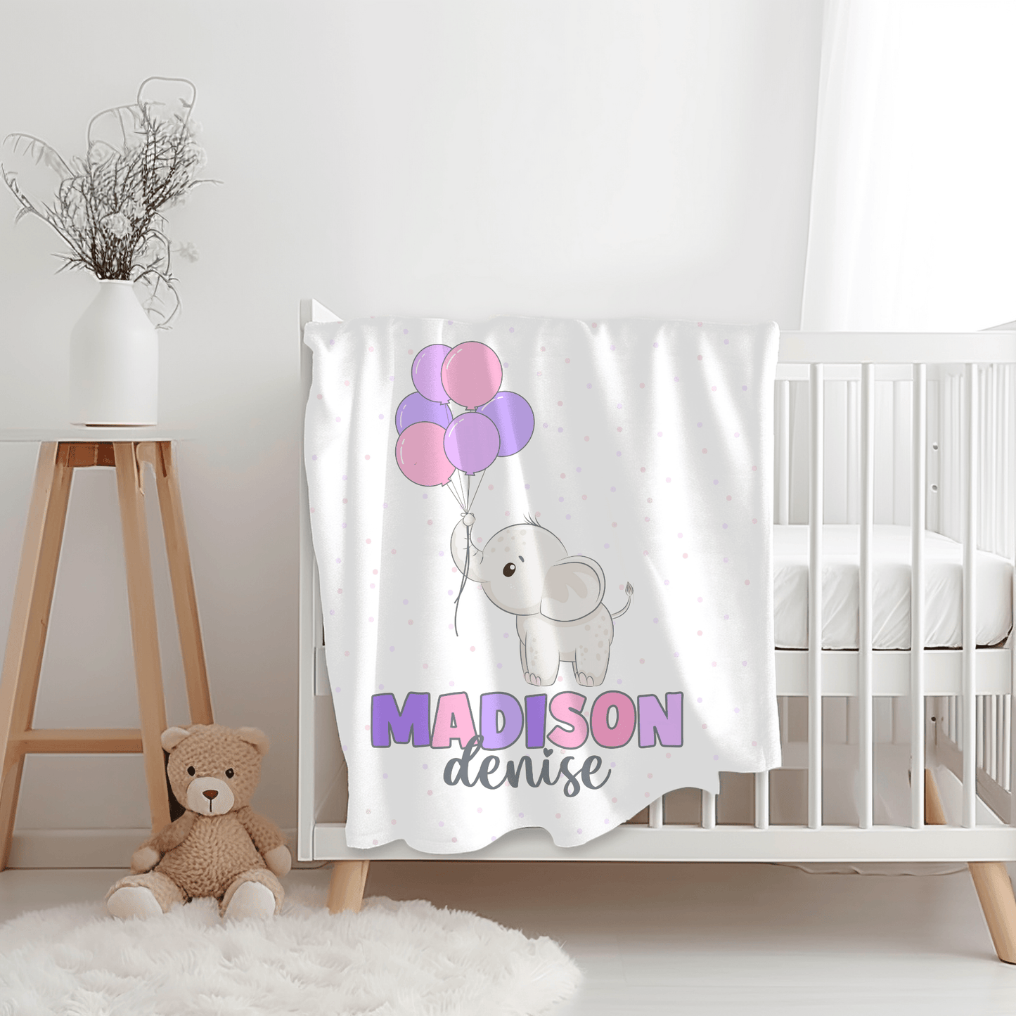 Custom Name Blanket - Baby Elephant Balloons - BentleyBlueCo