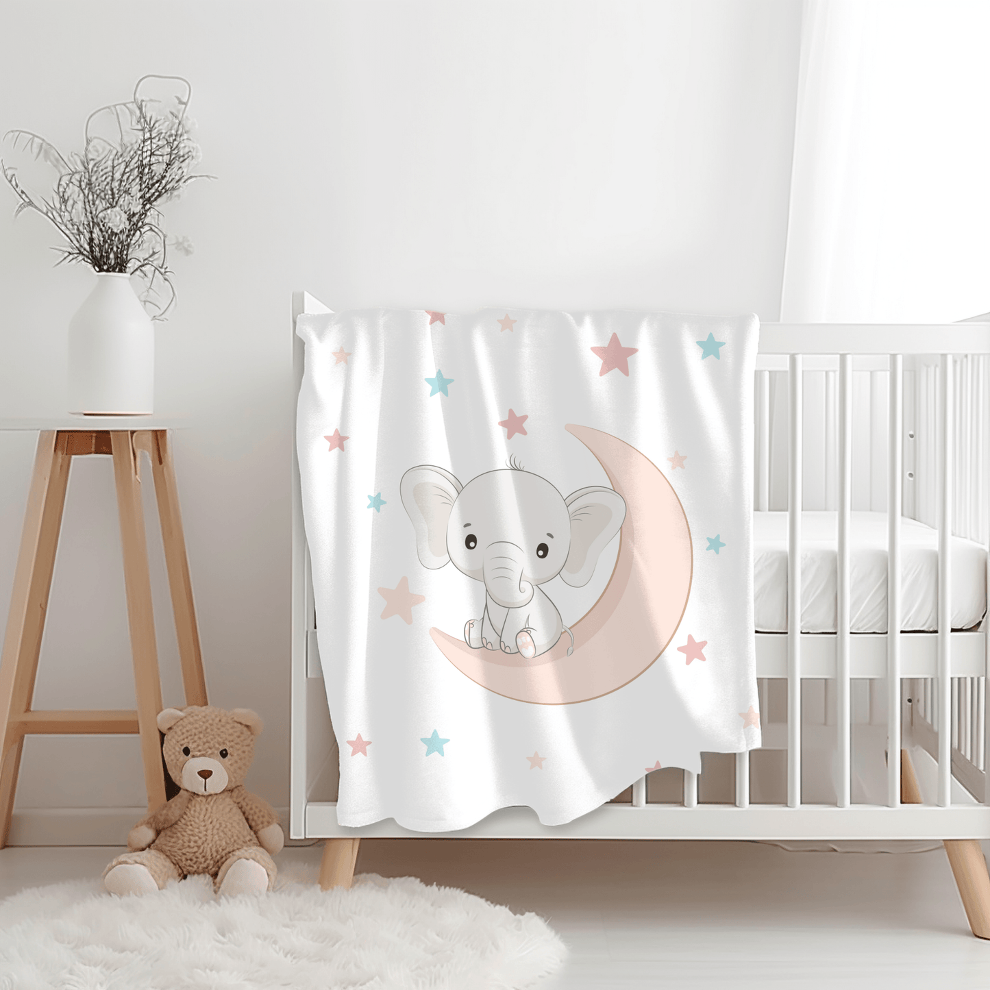 Custom Name Blanket - Baby Elephant Moon - BentleyBlueCo