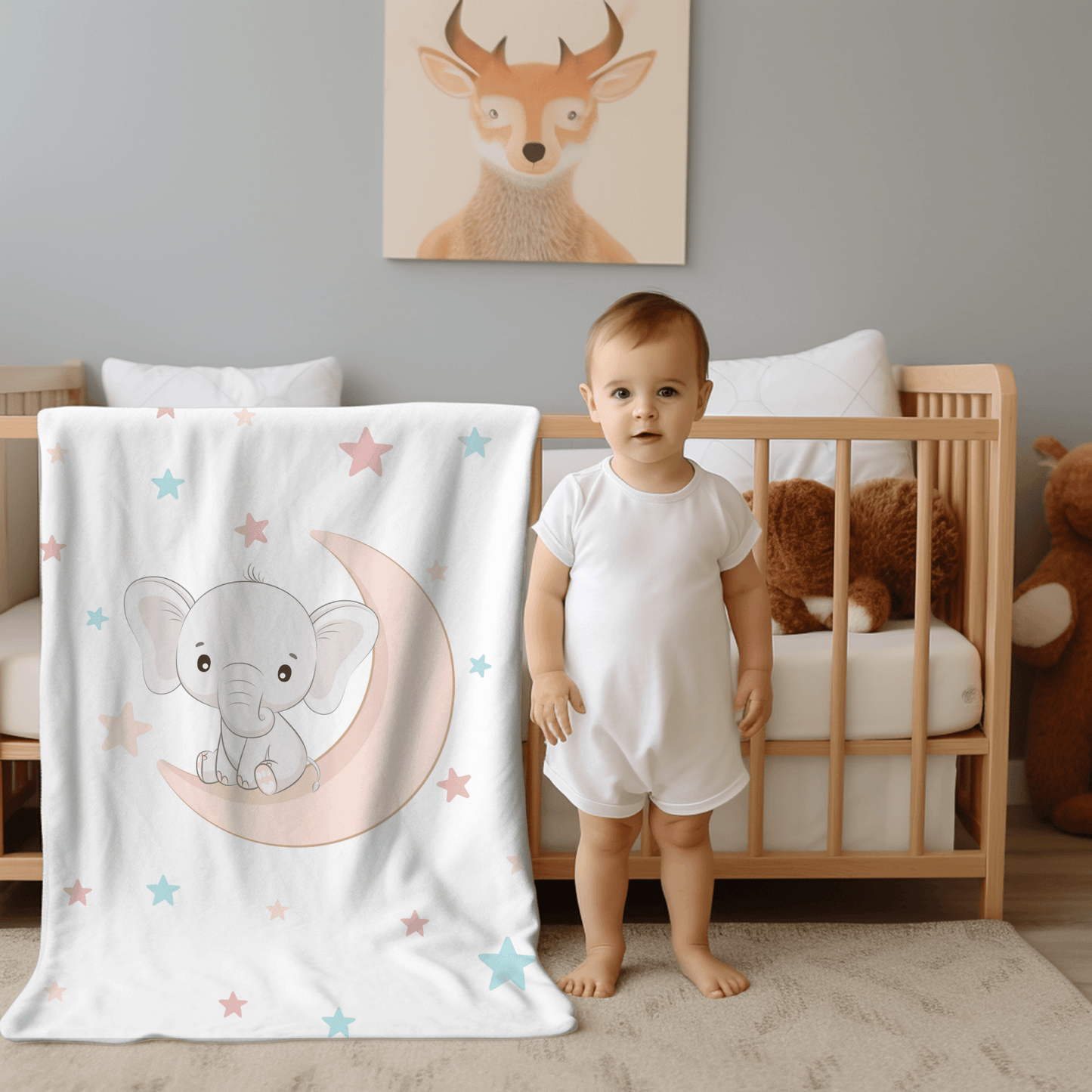 Custom Name Blanket - Baby Elephant Moon - BentleyBlueCo
