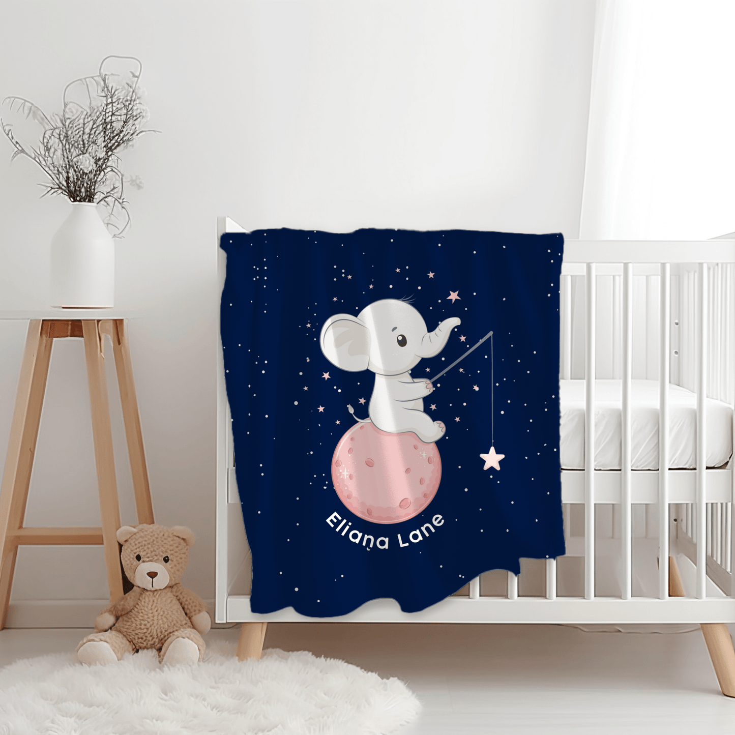 Custom Name Blanket - Baby Elephant Navy - BentleyBlueCo