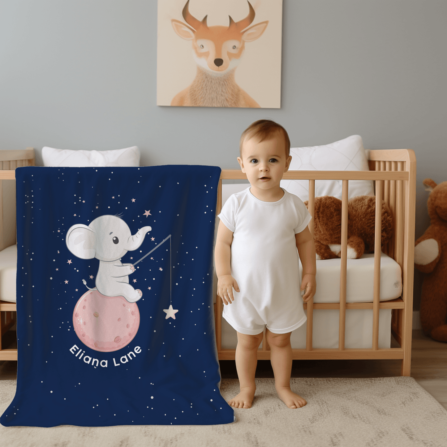Custom Name Blanket - Baby Elephant Navy - BentleyBlueCo
