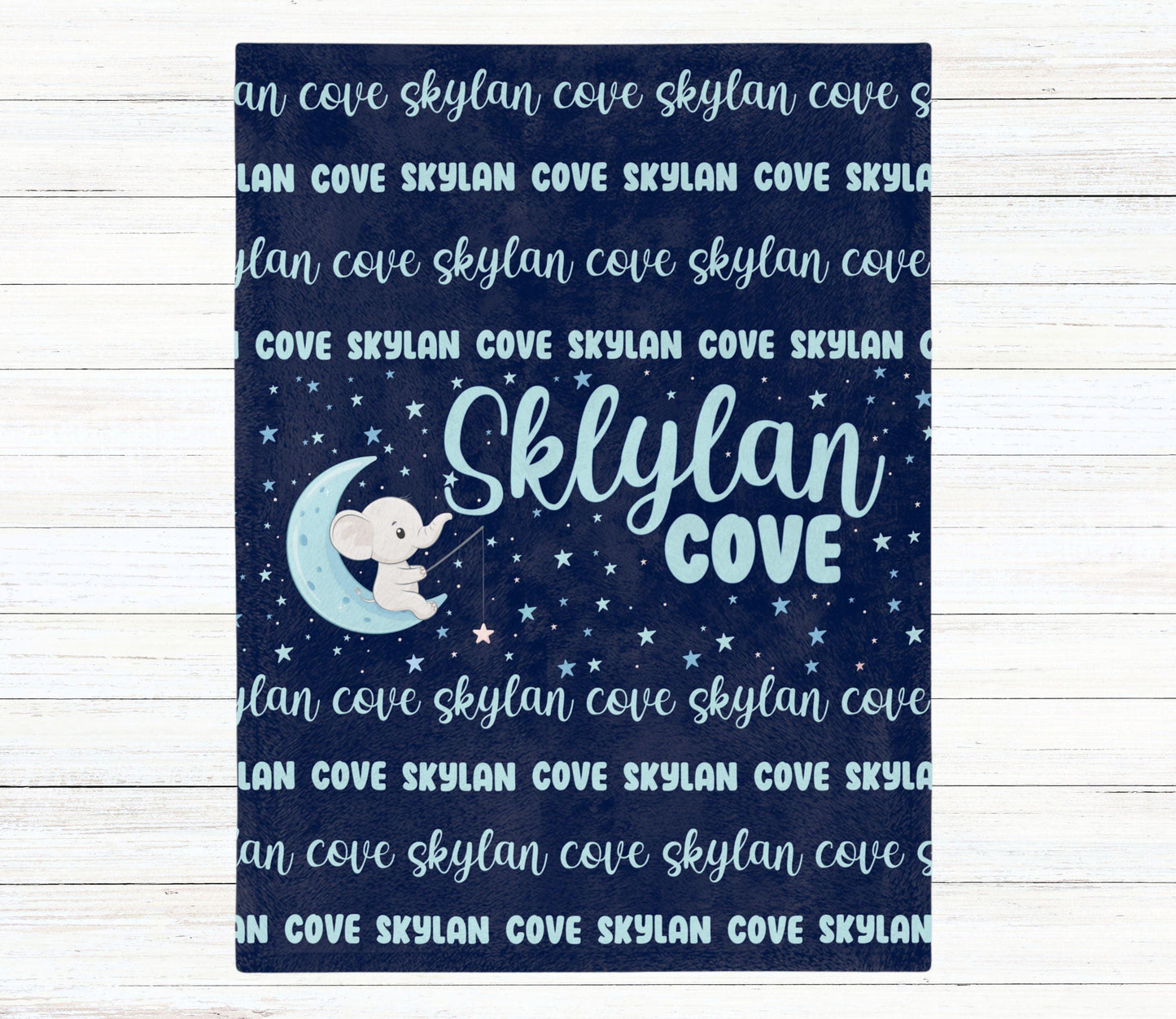 Custom Name Blanket - Boy Elephant Moon - BentleyBlueCo