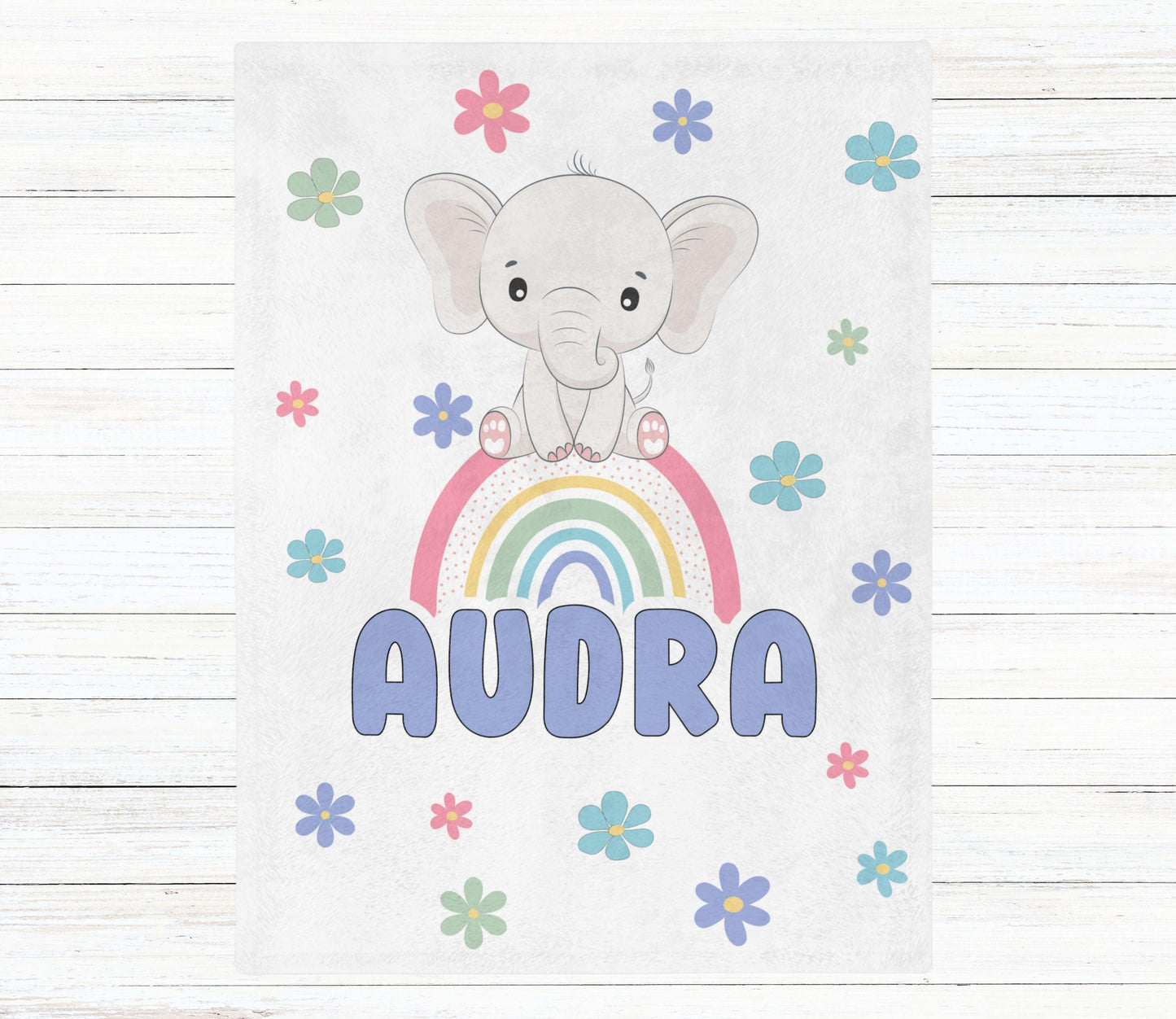 Custom Name Blanket - Girl Elephant Rainbow - BentleyBlueCo