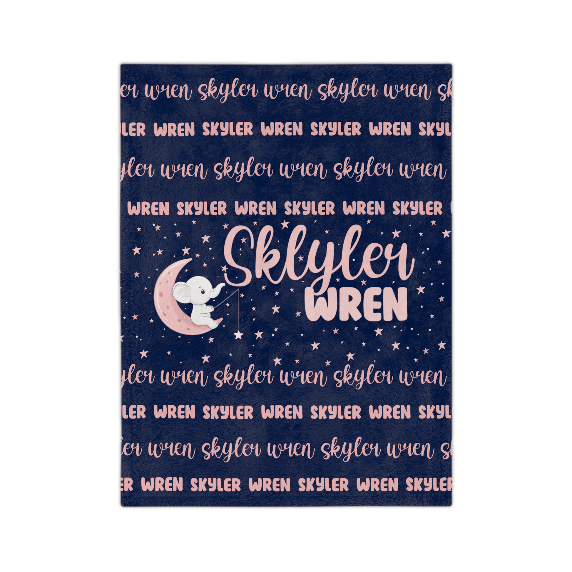 Custom Name Blanket - Navy Pink Elephant Moon - BentleyBlueCo
