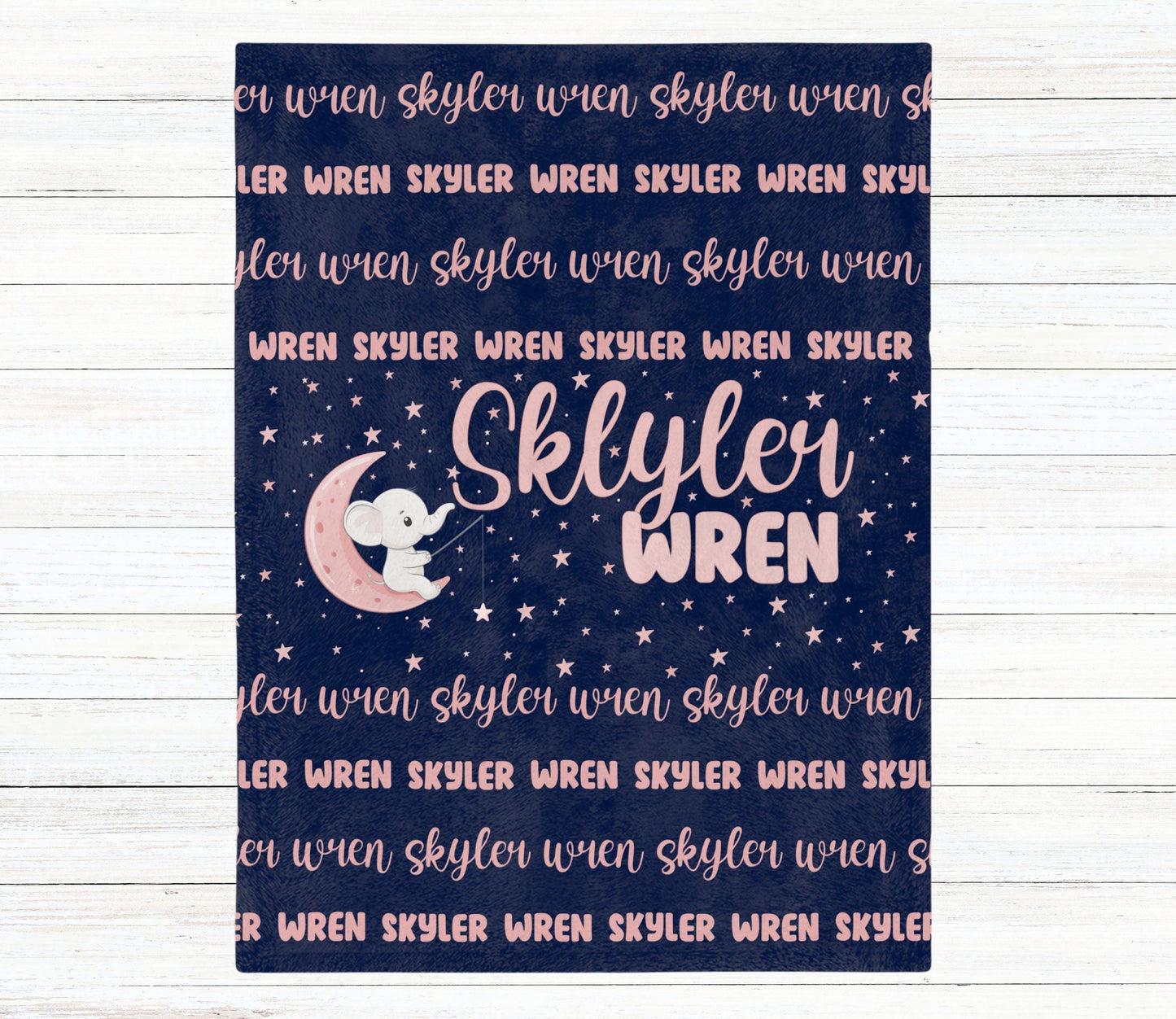 Custom Name Blanket - Navy Pink Elephant Moon - BentleyBlueCo