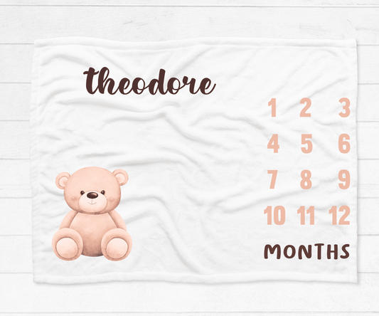 Teddy Bear Milestone Blanket - Custom Name - BentleyBlueCo