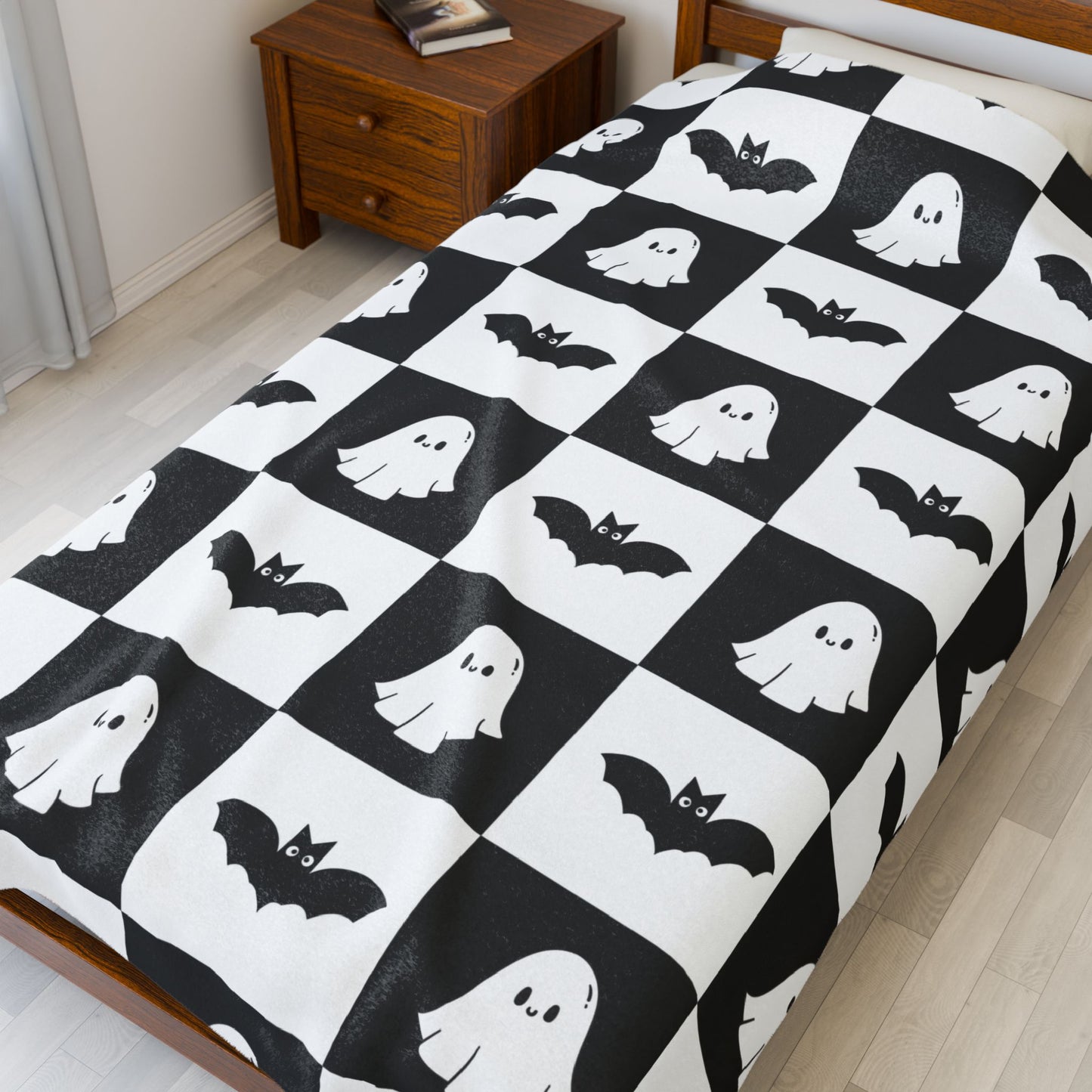 Cute halloween blanket, plush black and white checkered halloween blanket, cute ghost throw, cute bat blanket