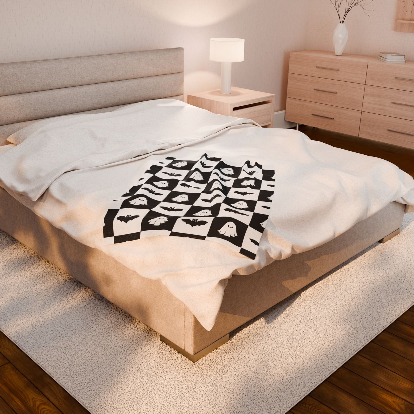 Cute halloween blanket, plush black and white checkered halloween blanket, cute ghost throw, cute bat blanket
