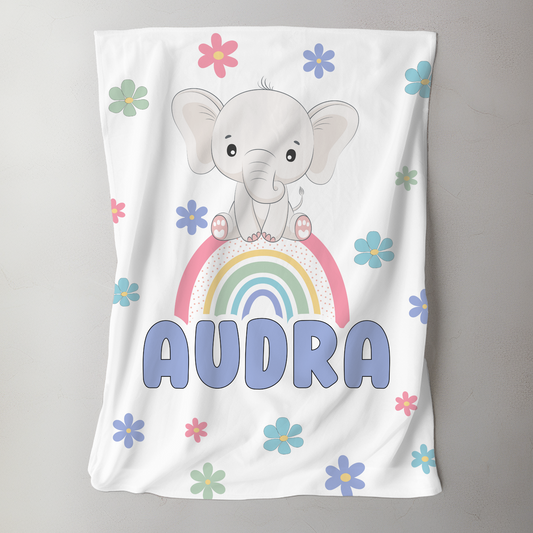 Custom Name Blanket - Girl Elephant Rainbow