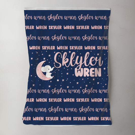Custom Name Blanket - Navy Pink Elephant Moon