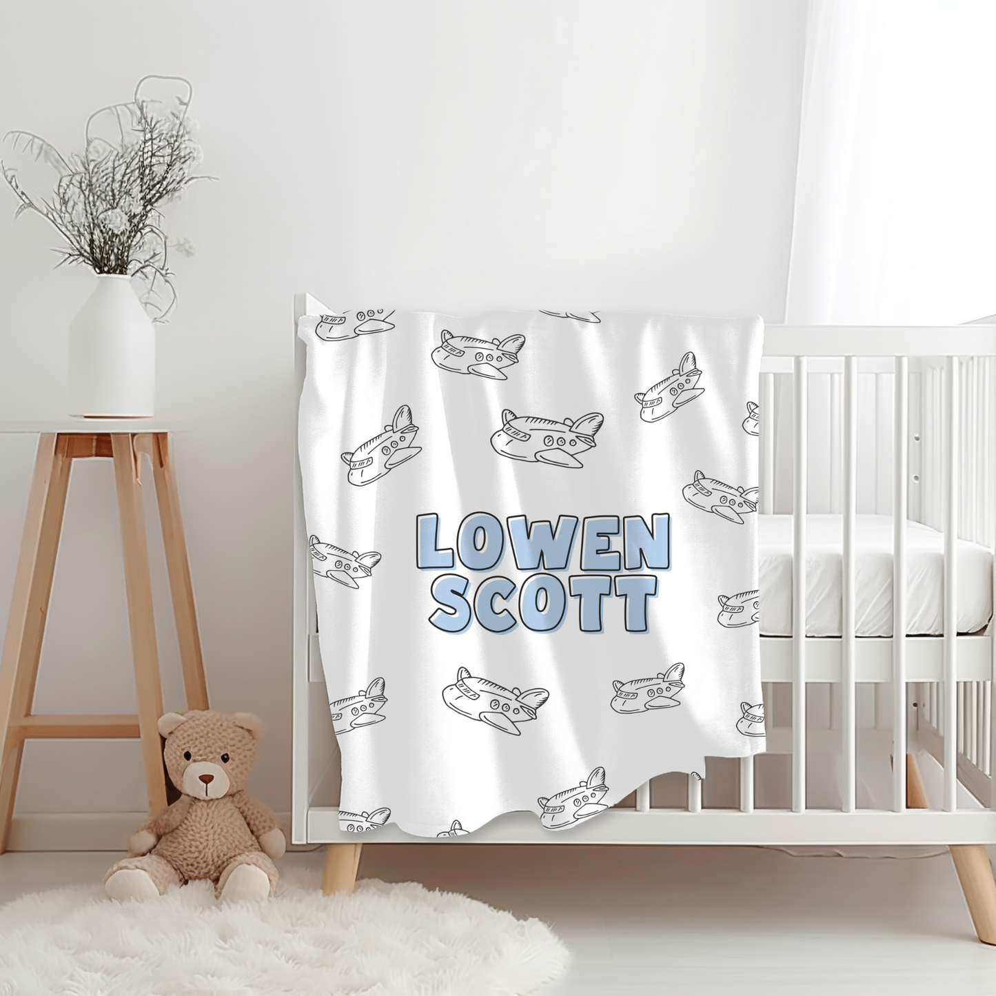 Custom Name Baby Blanket - Doodle Airplane