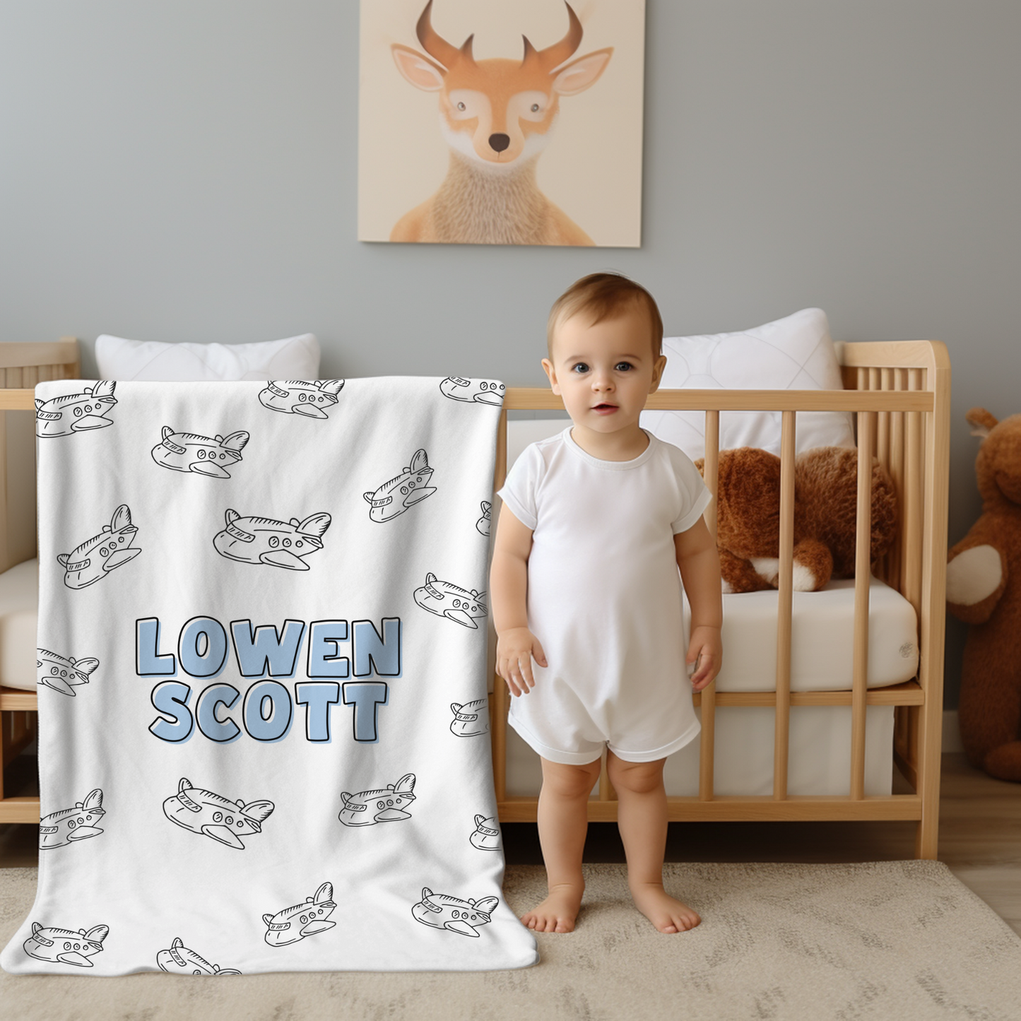 Custom Name Baby Blanket - Doodle Airplane