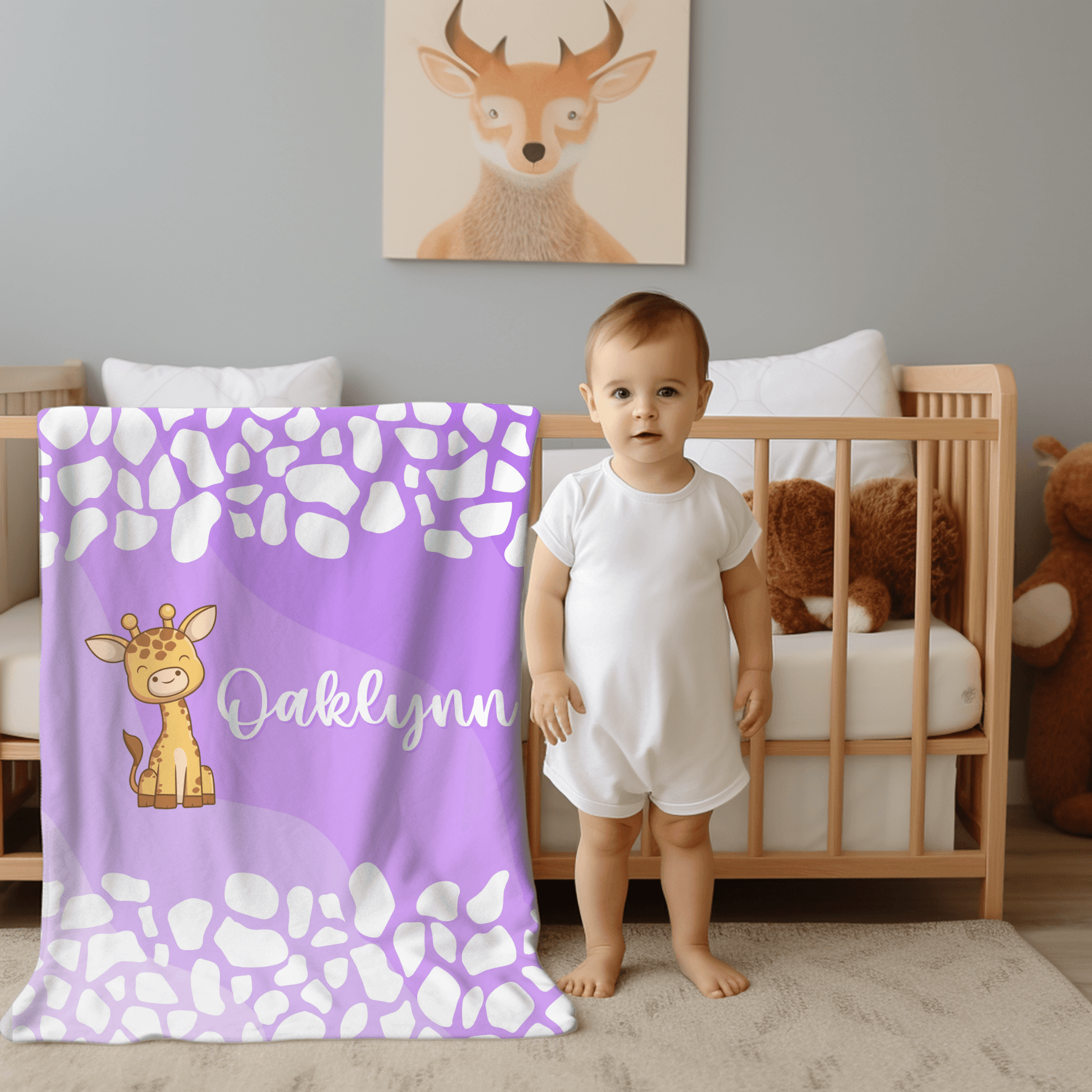 Custom Name Baby Blanket - Purple Giraffe - BentleyBlueCo