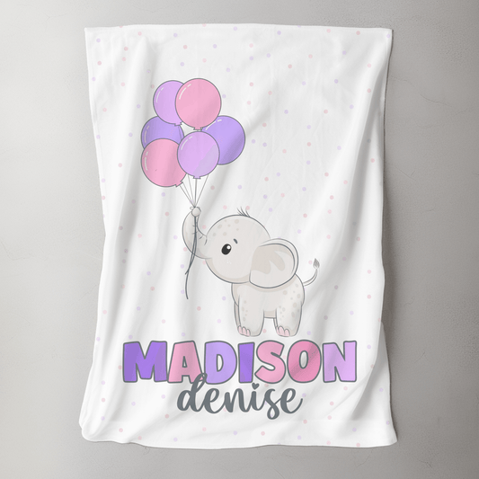 Custom Name Blanket - Baby Elephant Balloons - BentleyBlueCo