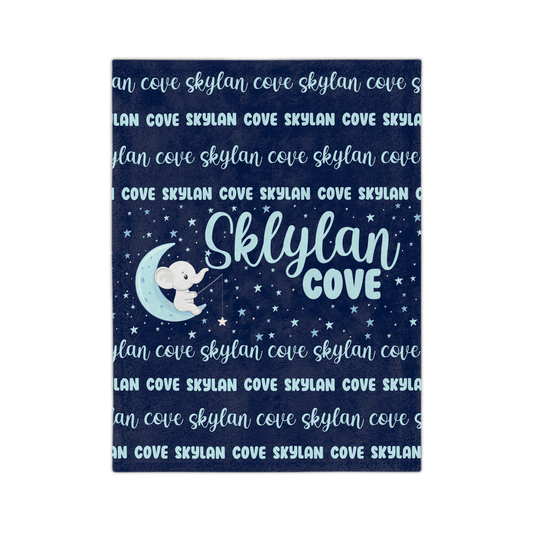 Custom Name Blanket - Boy Elephant Moon - BentleyBlueCo